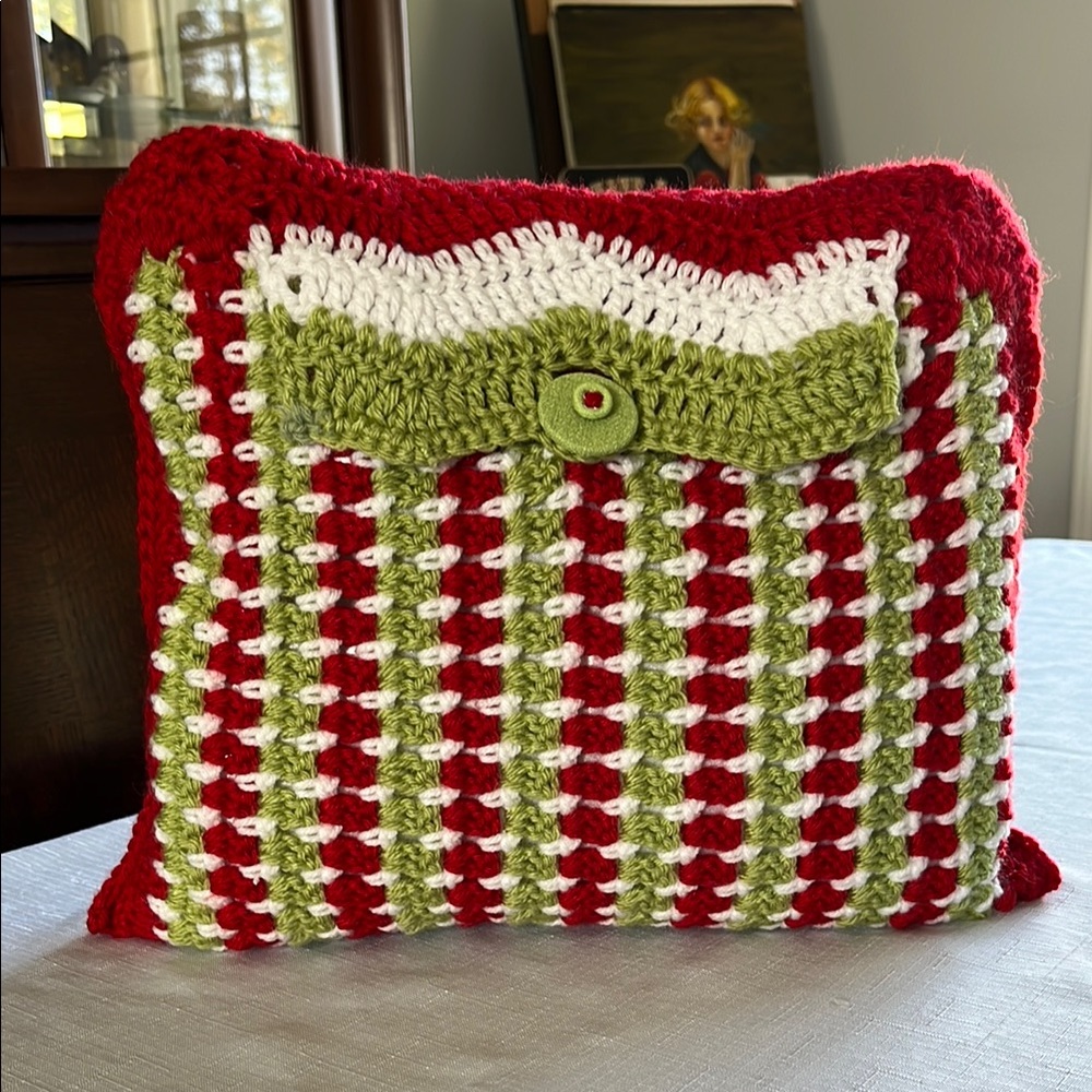 Red and Green Crochet Pillow